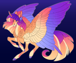Size: 3703x3058 | Tagged: safe, artist:turnipberry, derpibooru import, oc, oc only, oc:evening breeze, alicorn, pony, alicorn oc, chest feathers, colored hooves, colored wings, colored wingtips, commission, cutie mark, dark background, female, flying, horn, large wings, magical lesbian spawn, mare, offspring, parent:fluttershy, parent:twilight sparkle, parents:twishy, realistic horse legs, simple background, solo, wings