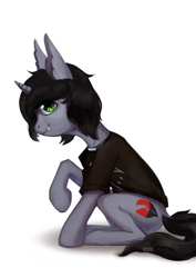 Size: 2480x3508 | Tagged: safe, artist:obvi, derpibooru import, pony, unicorn, clothes, commission, curved horn, disguise, disguised siren, ear fluff, fangs, horn, jewelry, kellin quinn, looking at you, male, necklace, ponified, profile, raised hoof, shirt, signature, simple background, sitting, sleeping with sirens, slit eyes, smiling, solo, stallion, t-shirt, white background, ych result