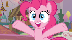 Size: 1280x720 | Tagged: safe, derpibooru import, screencap, pinkie pie, earth pony, pony, memories and more, spoiler:memories and more, spoiler:mlp friendship is forever, 9now, cute, diapinkes, female, happy, mare, open mouth, raised hooves, smiling, solo, wide eyes