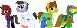 Size: 1920x711 | Tagged: safe, artist:shadymeadow, derpibooru import, oc, oc only, oc:dancing fan, oc:fried egg, oc:graceful pic, oc:green goal, rule 63, simple background, superhero costume, transparent background