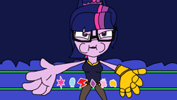 Size: 1254x708 | Tagged: safe, artist:logan jones, derpibooru import, sci-twi, twilight sparkle, equestria girls, beatboxing, boxing ring, cartoon beatbox battles, clothes, cosplay, costume, element of generosity, element of honesty, element of kindness, element of laughter, element of loyalty, element of magic, elements of harmony, female, glasses, infinity gauntlet, meme, puffy cheeks, scratch it, thanos, thanos beatboxing meme, verbalase