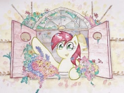 Size: 2737x2053 | Tagged: safe, artist:papersurgery, derpibooru import, roseluck, earth pony, pony, female, flower, looking at you, mare, open mouth, solo, traditional art, watercolor painting, window