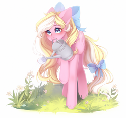 Size: 1823x1700 | Tagged: safe, artist:purshen, derpibooru import, oc, oc only, oc:bay breeze, pegasus, pony, blushing, bow, cute, female, flower, hair bow, mare, mouth hold, simple background, tail bow, watering can, white background