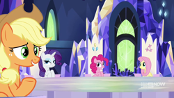 Size: 1280x720 | Tagged: safe, derpibooru import, screencap, applejack, fluttershy, pinkie pie, rarity, earth pony, pegasus, pony, unicorn, memories and more, spoiler:memories and more, spoiler:mlp friendship is forever, applejack's hat, cowboy hat, cutie map, friendship throne, hat, looking at someone, sitting, smiling, throne room