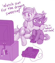Size: 1114x1280 | Tagged: safe, artist:dstears, derpibooru import, button mash, oc, oc:cream heart, earth pony, pony, adventure (atari game), atari 2600, atg 2020, colt, controller, duo, female, hat, hug, joystick, male, mare, monochrome, mother and child, mother and son, mothers gonna mother, newbie artist training grounds, parent and child, propeller hat, purple, simple background, television, video game, white background