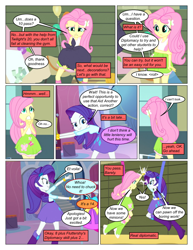 Size: 612x792 | Tagged: safe, artist:greatdinn, artist:newbiespud, derpibooru import, edit, edited screencap, screencap, fluttershy, rarity, collaboration, comic:friendship is dragons, equestria girls, equestria girls (movie), bracelet, clothes, comic, cutie mark, cutie mark on clothes, dialogue, female, gym, high five, jewelry, screencap comic, worried