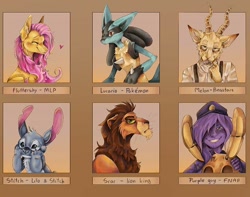 Size: 750x592 | Tagged: safe, alternate version, artist:paranoyfox, derpibooru import, fluttershy, anthro, human, pegasus, pony, anthro with ponies, beastars, bust, clothes, colored, costume, crossover, female, five nights at freddy's, hat, lilo and stitch, lucario, male, mare, mask, melon (beastars), pokémon, purple guy, scar (the lion king), six fanarts, smiling, the lion king