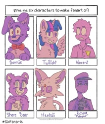 Size: 796x940 | Tagged: safe, artist:blushygoat, derpibooru import, twilight sparkle, twilight sparkle (alicorn), alicorn, anthro, human, pony, animatronic, anthro with ponies, bonnie, bowtie, care bears, chest fluff, clothes, crossover, espeon, female, five nights at freddy's, grin, male, mare, pokémon, security guard, share bear, six fanarts, smiling