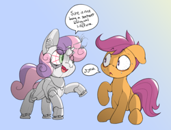 Size: 2100x1600 | Tagged: safe, artist:lyrabop, derpibooru import, scootaloo, sweetie belle, sweetie bot, pegasus, pony, robot, robot pony, unicorn, cute, cutealoo, dialogue, diasweetes, duo, female, filly, floppy ears, gradient background, looking at each other, open mouth, speech bubble, sweat, weirded out