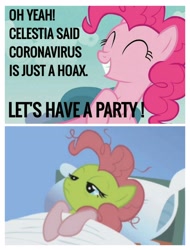 Size: 3106x4096 | Tagged: safe, derpibooru import, edit, edited screencap, screencap, pinkie pie, earth pony, pony, applebuck season, bad end, bed, blatant lies, coronavirus, coronavirus party, covid-19, covidiots, drama, drama bait, female, implied princess celestia, mare, meme, pillow, sad, sick, solo, this will end in tears, too dumb to live, why