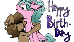 Size: 1182x665 | Tagged: safe, artist:nerdial, derpibooru import, oc, oc:magicalmysticva, pony, unicorn, birthday, brown mane, female, happy birthday, hug, mare, pink coat, transparent background, voice actor