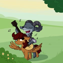 Size: 4096x4096 | Tagged: safe, alternate version, artist:tjpones, derpibooru import, oc, oc only, goat, pegasus, pony, duo, eyes closed, female, guitar, heterochromia, male, mare, music notes, musical instrument, open mouth, singing