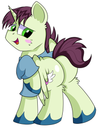 Size: 1280x1630 | Tagged: safe, artist:rainbowtashie, derpibooru import, donut joe, soarin', oc, oc:quick coffee, pegasus, pony, unicorn, blushing, butt, clothes, commissioner:bigonionbean, cutie mark, extra thicc, flank, fusion, fusion:quick coffee, male, not an alicorn, plot, simple background, stallion, thicc ass, transparent background, writer:bigonionbean