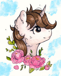 Size: 2861x3576 | Tagged: safe, artist:lightisanasshole, derpibooru import, oc, oc:dorm pony, unicorn, abstract background, blushing, branches, brown eyes, brown mane, bust, cheek fluff, female, flower, gray coat, looking up, messy mane, pink flowers, profile, profile picture, solo