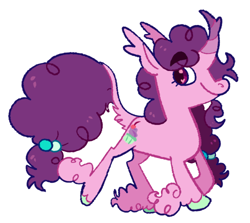 Size: 500x446 | Tagged: safe, artist:goatpaste, derpibooru import, sugar belle, curved horn, ear fluff, eyebrows visible through hair, female, hoof fluff, horn, leonine tail, long feather, solo, unshorn fetlocks, wingding eyes