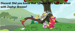 Size: 862x360 | Tagged: safe, derpibooru import, edit, edited screencap, screencap, big macintosh, discord, spike, draconequus, dragon, pony, the big mac question, crossed hooves, discord's secrets, male, stallion, text, tree