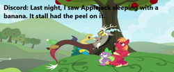 Size: 862x360 | Tagged: safe, derpibooru import, edit, edited screencap, screencap, big macintosh, discord, spike, draconequus, dragon, earth pony, pony, the big mac question, discord's secrets, grammar error, implied applejack, male, stallion, text, tree