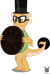 Size: 797x1179 | Tagged: safe, artist:wheatley r.h., derpibooru exclusive, derpibooru import, oc, oc:myoozik the dragon, dragon, brown eyes, chocolate, clothes, cookie, dragon oc, folded wings, food, giant cookie, glasses, happy, hat, holding, male, oreo, raised tail, shirt, simple background, solo, standing, tail, top hat, vector, watermark, white background, wings