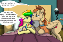 Size: 1700x1129 | Tagged: safe, artist:cactuscowboydan, derpibooru import, oc, oc:rainbow tashie, oc:spicy cider, earth pony, pegasus, pony, baby, baby pony, bed, children, clothes, colt, commissioner:bigonionbean, cowboy hat, crying, cute, cutie mark, daaaaaaaaaaaw, dialogue, dishevelled, father and child, father and daughter, father and son, female, filly, foal, fusion, fusion:spicy cider, hat, hospital, hospital bed, husband and wife, jumpsuit, love, male, mare, mother and child, mother and daughter, mother and son, nuzzling, offspring, parent and child, romance, sleeping, stallion, tears of joy, unkempt mane, writer:bigonionbean