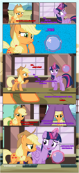 Size: 1919x4225 | Tagged: safe, artist:estories, derpibooru import, applejack, twilight sparkle, twilight sparkle (alicorn), alicorn, earth pony, pony, comic:a(pple)ffection, applejack's hat, comic, communication orb, cowboy hat, floppy ears, framed by legs, hat, magic, show accurate, telekinesis, train station, vector