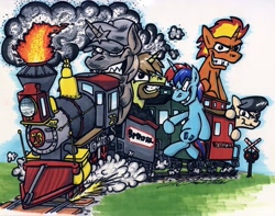 Size: 1024x805 | Tagged: safe, artist:sketchywolf-13, derpibooru import, oc, oc only, earth pony, pony, unicorn, commission, cutie mark, fire, hat, horn, male, rat fink, sharp teeth, smoke, stallion, teeth, traditional art, train