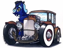 Size: 1024x777 | Tagged: safe, artist:sketchywolf-13, derpibooru import, oc, oc only, earth pony, pony, car, ford, ford model a, hat, hot rod, looking at you, male, simple background, solo, stallion, traditional art, white background, white walls