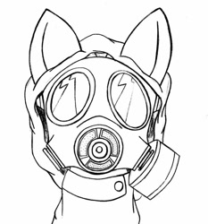 Size: 1024x1097 | Tagged: safe, artist:pananovich, derpibooru import, oc, oc only, black and white, clothes, coronavirus, covid-19, face mask, gas mask, grayscale, hoodie, mask, monochrome, povid-19, ppe, respirator, s10 gas mask