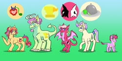 Size: 1280x640 | Tagged: safe, artist:vennyriz22, derpibooru import, oc, oc only, oc:alexandrite magnum belle, oc:anomaly anjou jack, oc:bartlett brulee belle, oc:pitaya marie harvest, oc:ruby fire phantasm, dracony, earth pony, hybrid, pony, unicorn, gradient background, interspecies offspring, magical lesbian spawn, offspring, parent:applejack, parent:rarity, parent:spike, parents:applespike, parents:rarijack, parents:sparity, siblings