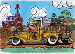 Size: 1154x824 | Tagged: safe, artist:sketchywolf-13, derpibooru import, applejack, earth pony, pony, crate, ford, ford model t, hot rod, smiling, solo, sweet apple acres, traditional art, truck, waving