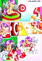 Size: 2219x3207 | Tagged: safe, artist:liaaqila, derpibooru import, apple bloom, scootaloo, sweetie belle, comic:fly high scoots, adorabloom, comic, cute, cutealoo, cutie mark crusaders, diasweetes, dunk tank, flying, group hug, hug, scootaloo can fly, scootalove, silly face, slime, teasing, tongue out
