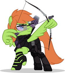 Size: 1280x1442 | Tagged: safe, artist:mlp-trailgrazer, derpibooru import, oc, oc:raptor, pegasus, pony, arrow, bow (weapon), bow and arrow, hawkeye, male, quiver, simple background, solo, stallion, the avengers, transparent background, weapon, wing hands, wings