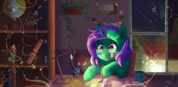Size: 1920x937 | Tagged: safe, artist:zobaloba, derpibooru import, oc, oc only, oc:buggy code, pony, unicorn, book, bookshelf, brush, commission, digital art, drawing, glasses, globe, imagination, lamp, pencil, plant, solo, tongue out, window, ych example, ych result, your character here