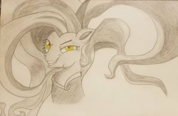 Size: 2048x1332 | Tagged: safe, artist:polar_storm, derpibooru import, mane-iac, earth pony, pony, crazy eyes, female, green eyes, mare, monochrome, neo noir, partial color, red eyes, simple background, sketch, solo, traditional art, white background