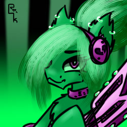 Size: 1024x1024 | Tagged: safe, artist:dark_nidus, derpibooru import, oc, oc:liden, pony, collar, ear piercing, earring, female, guitar, headphones, jewelry, musical instrument, piercing, solo