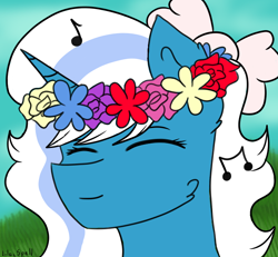 Size: 654x603 | Tagged: safe, artist:lilacspell, derpibooru import, oc, oc only, oc:fleurbelle, alicorn, alicorn oc, bow, eyes closed, female, floral head wreath, flower, flower in hair, hair bow, horn, mare, music notes, smiling, solo, wings