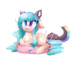 Size: 1687x1333 | Tagged: safe, artist:confetticakez, derpibooru import, oc, pony, bow, cat ears, cat tail, clothes, costume, cute, fangs, female, heterochromia, lying down, mare, ocbetes, simple background, solo, white background