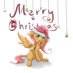 Size: 1000x1000 | Tagged: safe, artist:tomat-in-cup, derpibooru import, fluttershy, pegasus, pony, 2012, bauble, blushing, chest fluff, christmas, female, floppy ears, hat, holiday, looking at you, mare, merry christmas, raised hoof, santa hat, sitting, smiling, solo, spread wings, wings