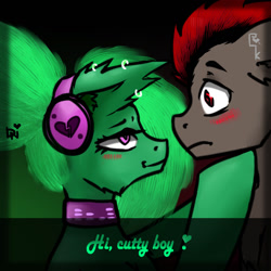 Size: 1024x1024 | Tagged: safe, artist:dark_nidus, derpibooru import, oc, oc:crockiss, oc:liden, earth pony, pegasus, pony, collar, ear piercing, earring, headphones, jewelry, piercing, shipping, text