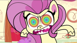 Size: 1200x675 | Tagged: safe, derpibooru import, edit, edited screencap, screencap, fluttershy, pegasus, pony, cute-pocalypse meow, my little pony: pony life, spoiler:pony life s01e03, .mov, angry, animated, cupcake, flutterrage, food, kaa eyes, pony.mov, shed.mov, solo, tablet, treehouse logo