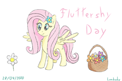 Size: 1620x1080 | Tagged: safe, artist:lundashy, derpibooru import, fluttershy, pegasus, pony, basket, flower, flower in hair, fluttershy day, simple background, spread wings, white background, wings