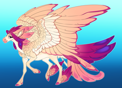 Size: 4549x3300 | Tagged: safe, artist:turnipberry, derpibooru import, oc, oc only, oc:tropical flower, hippogriff, hybrid, pegasus, pony, blue background, colored hooves, commission, dewclaw, female, hippogriff oc, interspecies offspring, magical lesbian spawn, mare, next generation, offspring, parent:fluttershy, parent:queen novo, realistic horse legs, simple background, solo, tail feathers, winged hooves