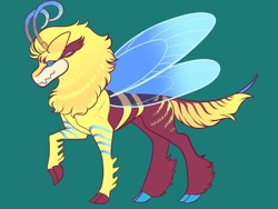 Size: 1024x768 | Tagged: safe, artist:loryska, derpibooru import, oc, oc only, bee, flash bee, hybrid, changeling hybrid, green background, interspecies offspring, offspring, parent:thorax, simple background, solo