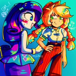 Size: 2000x2000 | Tagged: safe, artist:nnightmareg, derpibooru import, applejack, rarity, equestria girls, blush sticker, blushing, clothes, female, gradient background, heart eyes, lesbian, pants, rarijack, shipping, skirt, smiling, wingding eyes