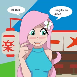 Size: 2048x2048 | Tagged: safe, artist:nando13, derpibooru import, fluttershy, human, equestria girls, blushing, breasts, cute, female, hootershy, human coloration, implied anon, open mouth, shyabetes, solo