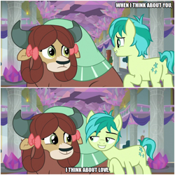 Size: 1000x1000 | Tagged: safe, derpibooru import, edit, edited screencap, screencap, sandbar, yona, pony, yak, she's all yak, bad company, cute, female, male, shipping, song reference, straight, yonabar, yonadorable