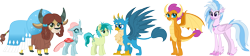 Size: 6648x1500 | Tagged: safe, artist:cloudyglow, derpibooru import, gallus, ocellus, sandbar, silverstream, smolder, yona, changedling, changeling, dragon, earth pony, griffon, pony, yak, alternate universe, cloudyglowverse, cloven hooves, cute, cutie mark, diaocelles, diastreamies, gallabetes, gallbar, gay, jewelry, male, monkey swings, movie accurate, necklace, older, older gallus, older ocellus, older sandbar, older silverstream, older smolder, older yona, sandabetes, shipping, simple background, smiling, smolderbetes, student six, transparent background, yonadorable