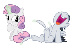 Size: 1080x696 | Tagged: safe, artist:princessdestiny200i, derpibooru import, rumble, sweetie belle, pegasus, pony, unicorn, colt, cute, diasweetes, feather, female, filly, glowing horn, grin, hoof tickling, horn, laughing, levitation, magic, male, open mouth, raised hoof, raised leg, rumbelle, rumblebetes, shipping, simple background, smiling, straight, sweetie belle's magic brings a great big smile, telekinesis, tickling, volumetric mouth, white background