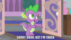 Size: 1280x720 | Tagged: safe, derpibooru import, edit, edited screencap, screencap, spike, dragon, a horse shoe-in, caption, image macro, male, solo, text, winged spike