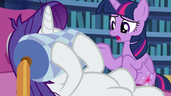 Size: 1920x1080 | Tagged: safe, derpibooru import, screencap, rarity, twilight sparkle, twilight sparkle (alicorn), alicorn, pony, unicorn, dragon dropped, bookshelf, duo, fainting couch, female, library, mare, pillow, throw pillow, twilight's castle, twilight's castle library