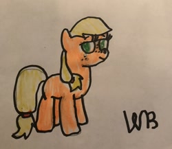 Size: 1280x1113 | Tagged: safe, artist:whistle blossom, derpibooru import, applejack, earth pony, pony, female, filly, filly applejack, foal, marker drawing, signature, simple background, solo, standing, traditional art, white background, younger